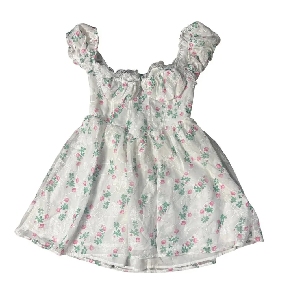 NWT For Love And Lemons Remi Mini Dress S small white pink floral corset basque